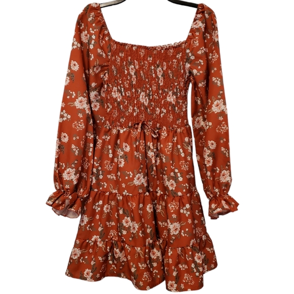 Dresses & Skirts - Orange Floral Shirred Tiered Peasant Dress Size Medium